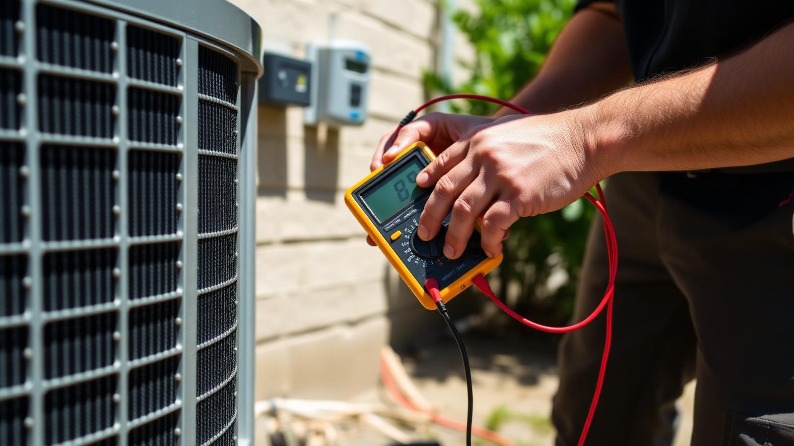 HVAC technician using a multimeter to diagnose an outdoor air conditioning condenser unit during an emergency repair call in Branson, MO