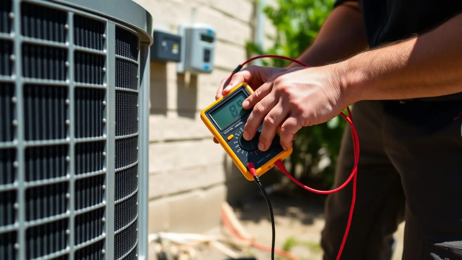 HVAC technician using a multimeter to diagnose an outdoor air conditioning condenser unit during an emergency repair call in Branson, MO
