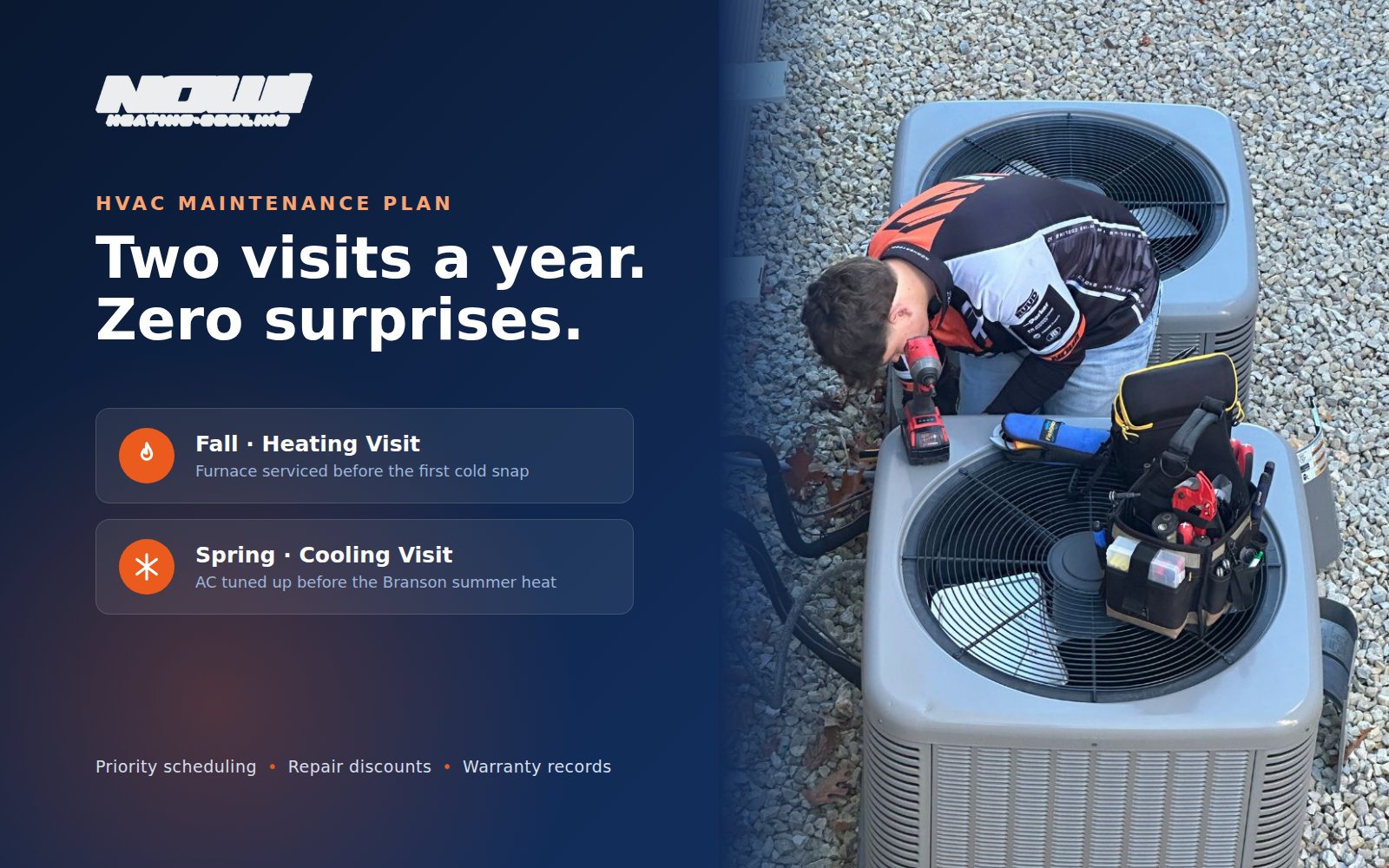 HVAC maintenance plan Branson MO - Now! Heating & Cooling technician performing seasonal system check