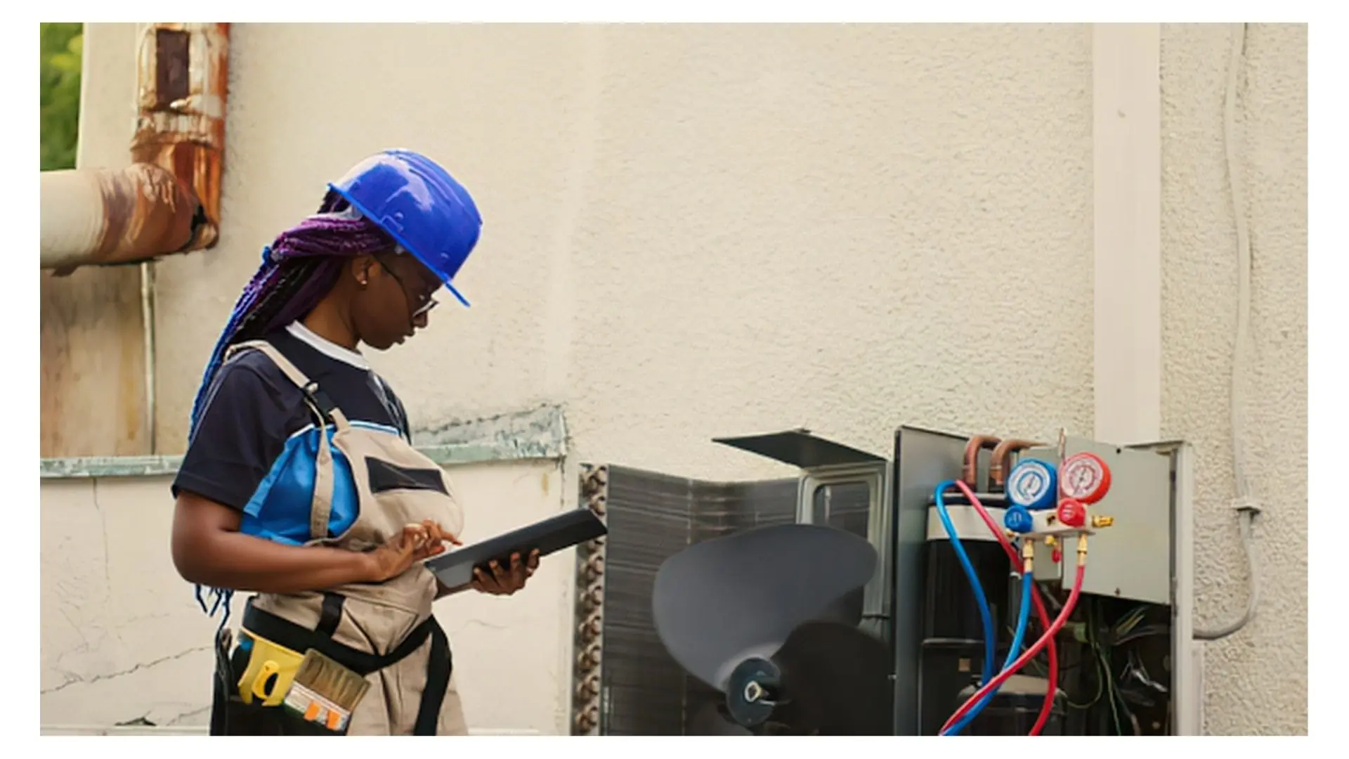 Technician with a tablet and refrigerant gauges at an outdoor HVAC unit